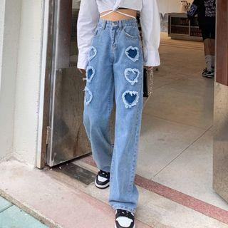 Fray Hem Heart Wide Leg Jeans