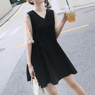 Dotted Mesh Panel Short Sleeve V-neck A-line Dress