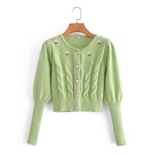 Lantern-sleeve Flower Embroidered Cardigan