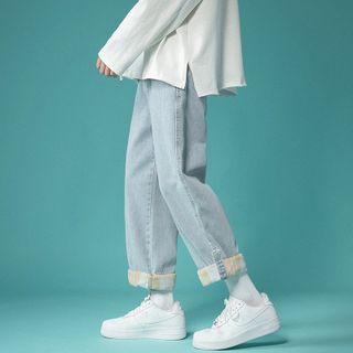 Stripe Panel Roll-up Straight Leg Jeans