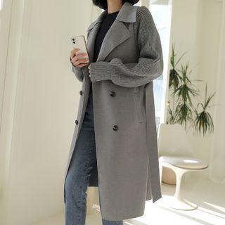 Knit-sleeve Double-breasted Coat