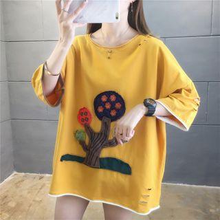 Tree Applique Elbow-sleeve Distressed T-shirt