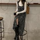 Long-sleeve Mock-neck Top / Spaghetti Strap Leopard Print Midi A-line Dress