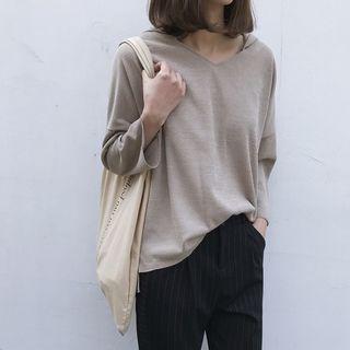 Plain Loose-fit Long-sleeve Hooded Top