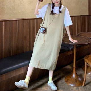Elbow-sleeve Plain T-shirt / Sleeveless Plain Midi Dress