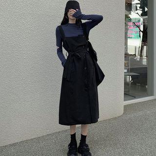 Long-sleeve Cutout Knit Top / Double-breasted Midi Pinafore Dress