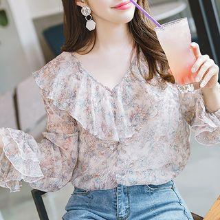 Long-sleeve Floral Chiffon Ruffled Blouse