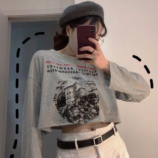 Cropped Printed T-shirt Gray - One Size