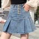 High-waist Denim Pleated Skirt