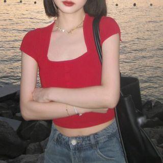 Cap-sleeve Plain Crop Knit Top Red - One Size