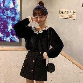 Lace Trim Puff-sleeve Velvet Blouse / Button-accent Mini Skirt