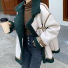Fleece Stand-collar Color Panel Long-sleeve Jacket