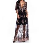 Sequined Mesh Panel Maxi A-line Dress