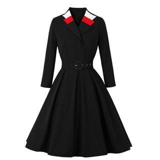 3/4-sleeve Collared Belted Midi A-line Dress