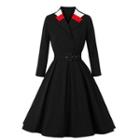 3/4-sleeve Collared Belted Midi A-line Dress