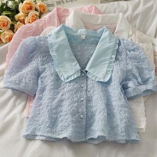 Embossed Ruffled-trim Crop Shirt