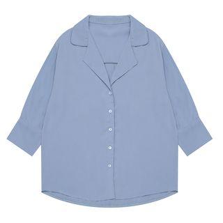 V-neck Elbow-sleeve Blouse Blue - One Size