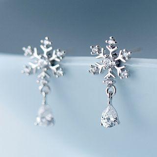 Rhinestone Snowflake Drop Dangle Earring 1 Pair - S925 Sterling Silver Earring - One Size