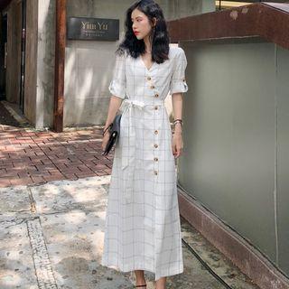Elbow-sleeve Plaid Midi Dress White - One Size