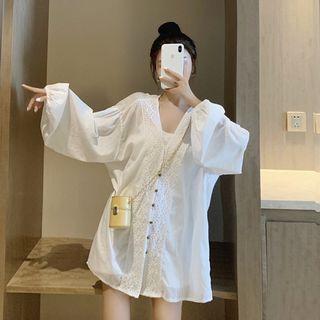 V-neck Lace Trim Loose-fit Blouse White - One Size