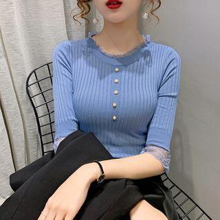 Elbow-sleeve Lace Trim Knit Top
