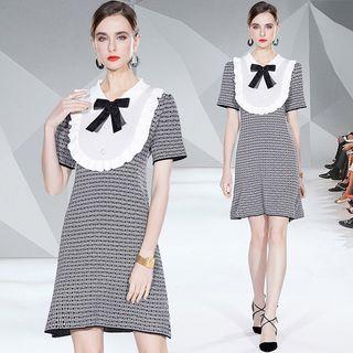 Short-sleeve Collared A-line Dress White & Dark Gray - One Size