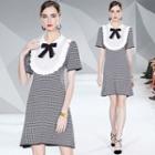 Short-sleeve Collared A-line Dress White & Dark Gray - One Size