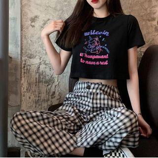 Printed Short Sleeve Crop T-shirt / Plaid Wide Leg Pants