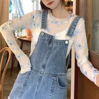 Long-sleeve Floral Mesh Top Blue - One Size