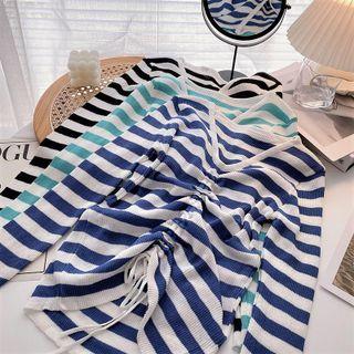 Long-sleeve V-neck Striped Drawcord Top