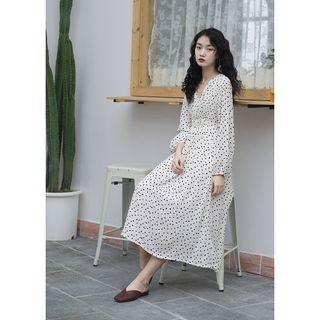 Long-sleeve Patterned A-line Midi Dress Off-white - One Size