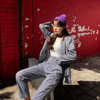 Set: Loose-fit Gingham Blazer + Straight-cut Pants