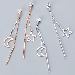 925 Sterling Silver Rhinestone Moon & Star Fringed Earring