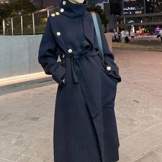 Long-sleeve High Neck Tie-waist Woolen Long Jacket