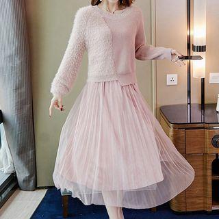 Set: Asymmetrical Sweater / Midi Accordion Pleat Skirt