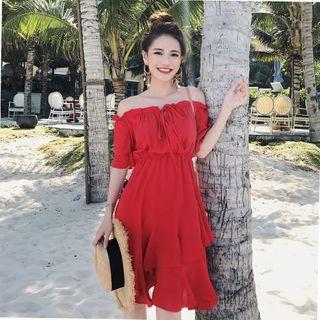 Elbow-sleeve Off-shoulder Chiffon A-line Midi Dress