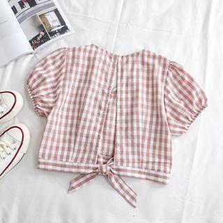 Checked Open Back Short-sleeve Crop Top