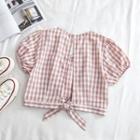 Checked Open Back Short-sleeve Crop Top