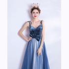 Spaghetti Strap Bow Accent A-line Evening Gown
