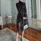 Set: Long-sleeve Sheath Knit Dress + Sheer Dress