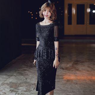 Short Sleeve Sequined Mermaid Cocktail Dress