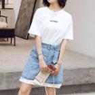 Set: Lettering Short-sleeve T-shirt Dress + Buttoned Denim Mini Skirt
