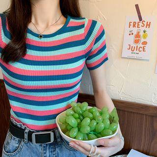 Short-sleeve Striped Slim-fit Ribbed Knit Top