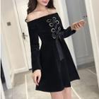 Off-shoulder Long-sleeve Lace-up Mini A-line Corduroy Dress