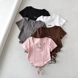 Short-sleeve Lace-up Plain Crop Top