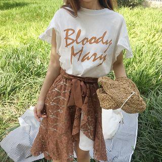 Set: Lettering Short-sleeve T-shirt Dress + Lace Asymmetric Midi Skirt