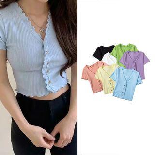 Ruffled Short-sleeve Ribbed T-shirt