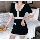 Contrast Color Short-sleeve V-neck Knit Mini Sheath Dress Dress - One Size