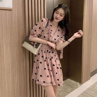 Puff-sleeve Heart Printed Ruffle Trim Chiffon Dress