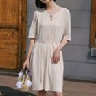 Elbow-sleeve Knit Dress With Belt